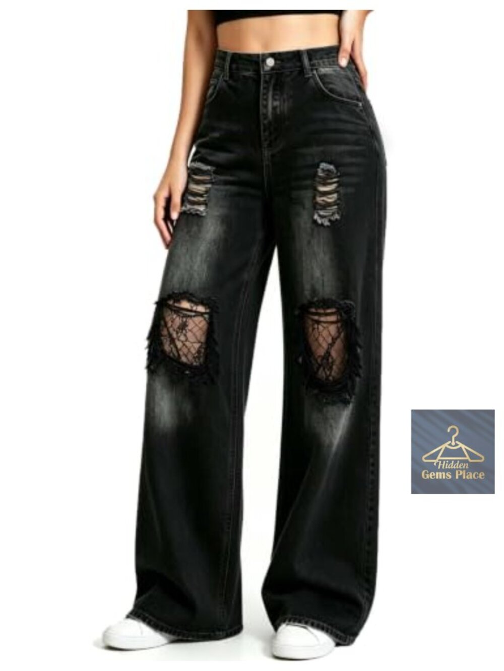 Wide Leg Ripped Distressed Jeans Mid Waisted Denim Pants